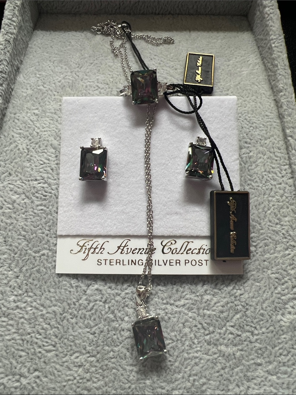Silver Mystic Crystal Necklace & Earring & Ring Set - Iridescent